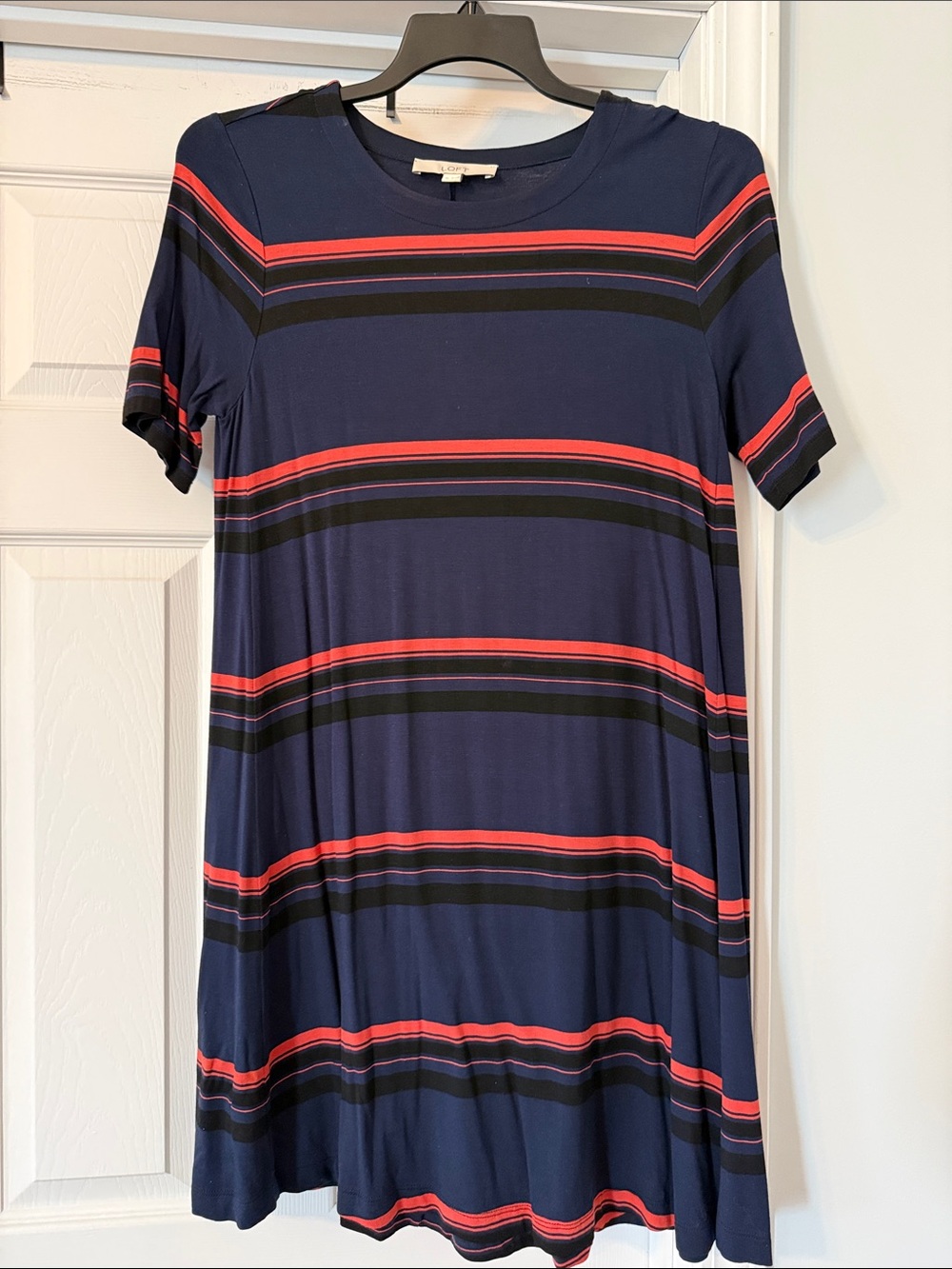 LOFT Navy Short Sleeve Stripe Swing Dress with Coral and Black Bands